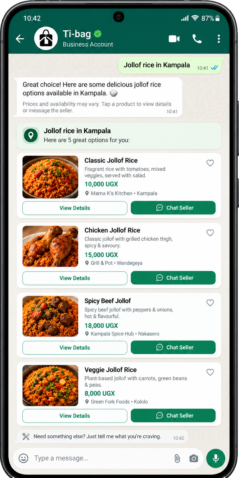 Ti-bag chat showing jollof rice options in Kampala